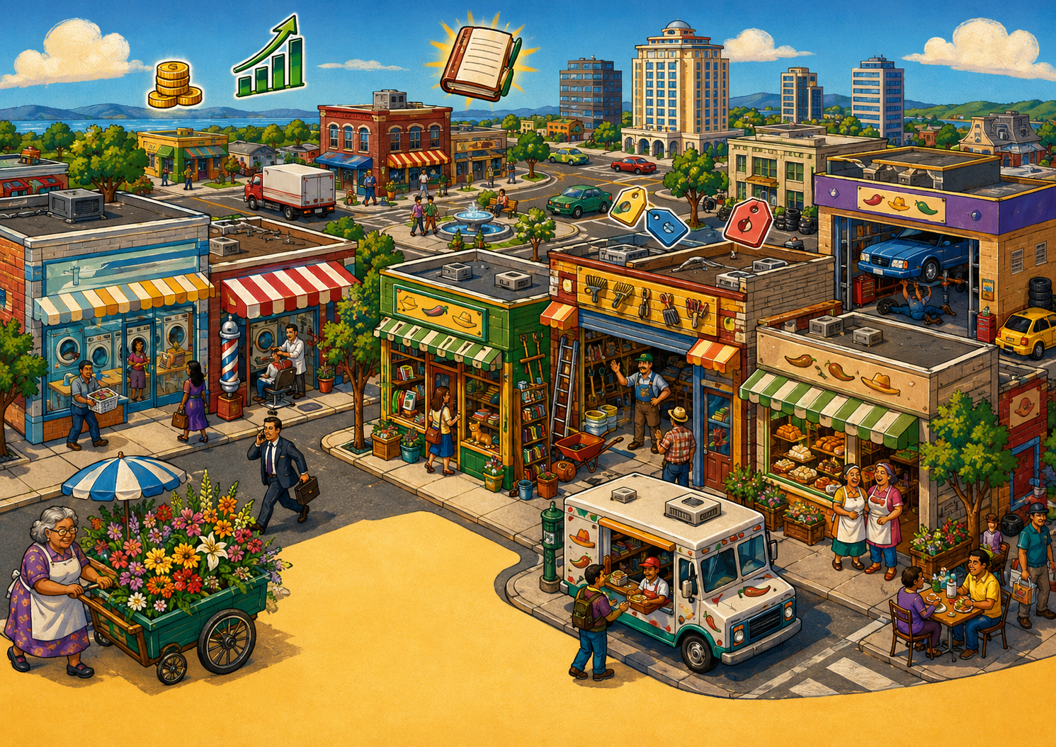 A bustling neighborhood of simulated small businesses